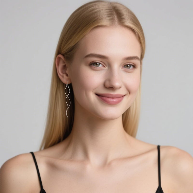 Reffeer Solid 925 Sterling Silver Double Linear Curved Tassel Earrings Threader Drop Dangle Earrings Perfect For Women - Image 3